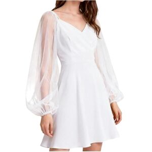 Elegant White V-Neck Mesh Sleeve Dress